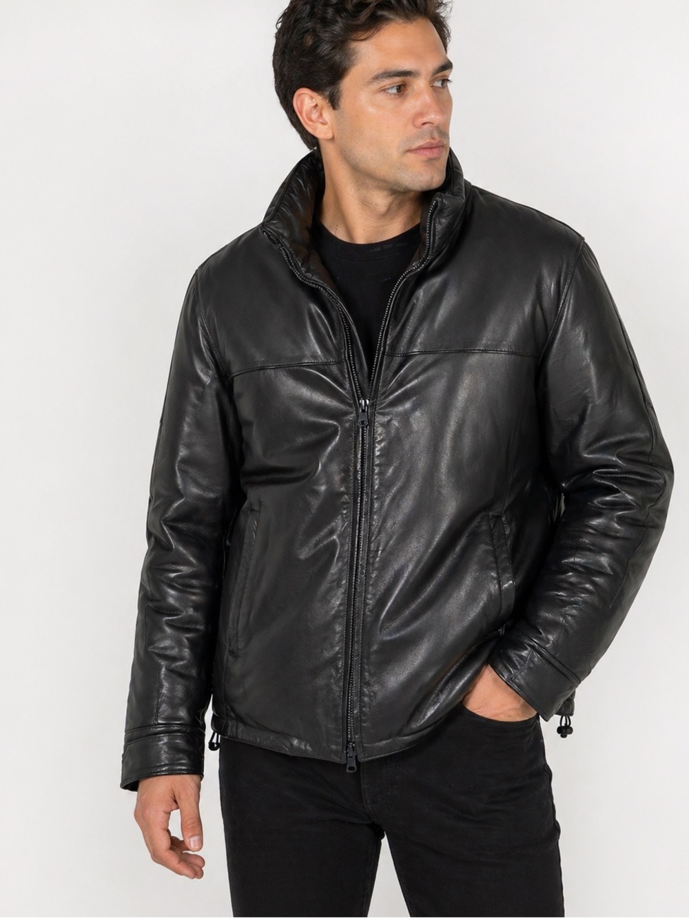 Marc New York Men's Size Small Black Leather Down Jacket Pufffer Zip Coat Winter
